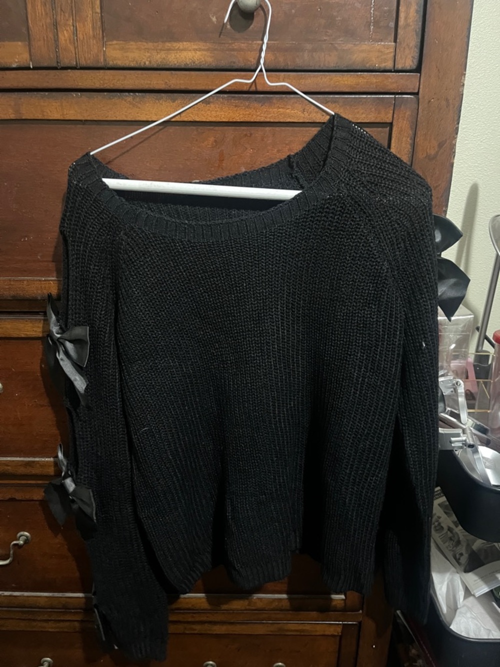 Black Crewneck Knit Sweater with Sleeve Bow Accents